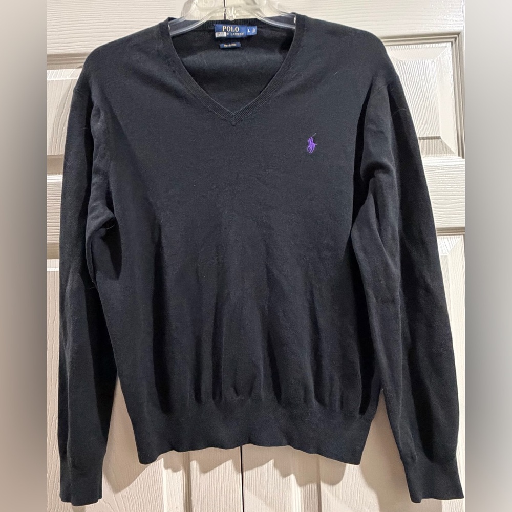 Polo Ralph Lauren Pima Cotton V-Neck Sweater Mens Large Black Purple Pony